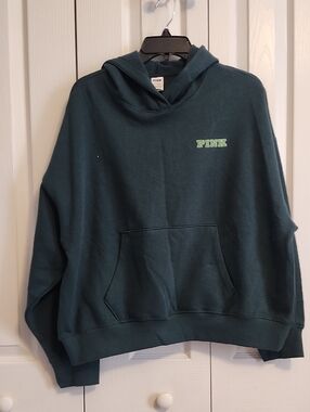 PINK Victoria's Secret Hooded Sweatshirt in Dark Teal with Lime Logo